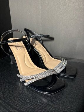 Comfort Plus Black Ankle-Strap Heeled Sandals with Crystal Straps